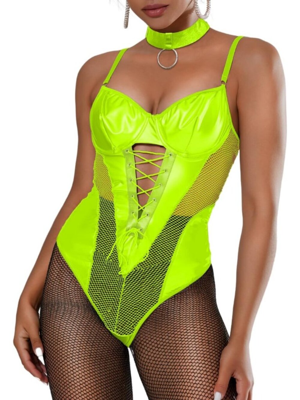 Women's Neon Green Fishnet Corset Body Suit Lingerie  Rave Outfits Bodysuit Tops